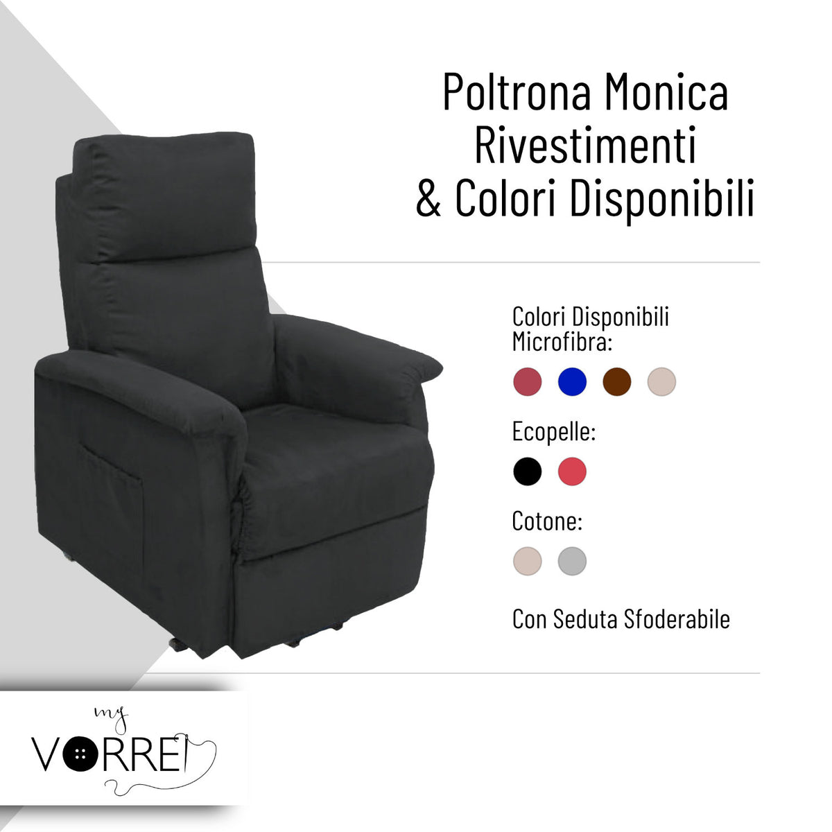Poltrona Relax | Seduta Sfoderabile | Dispositivo Medico | a 1 o 2 Motori | Rivestimento Microfibra | Monica