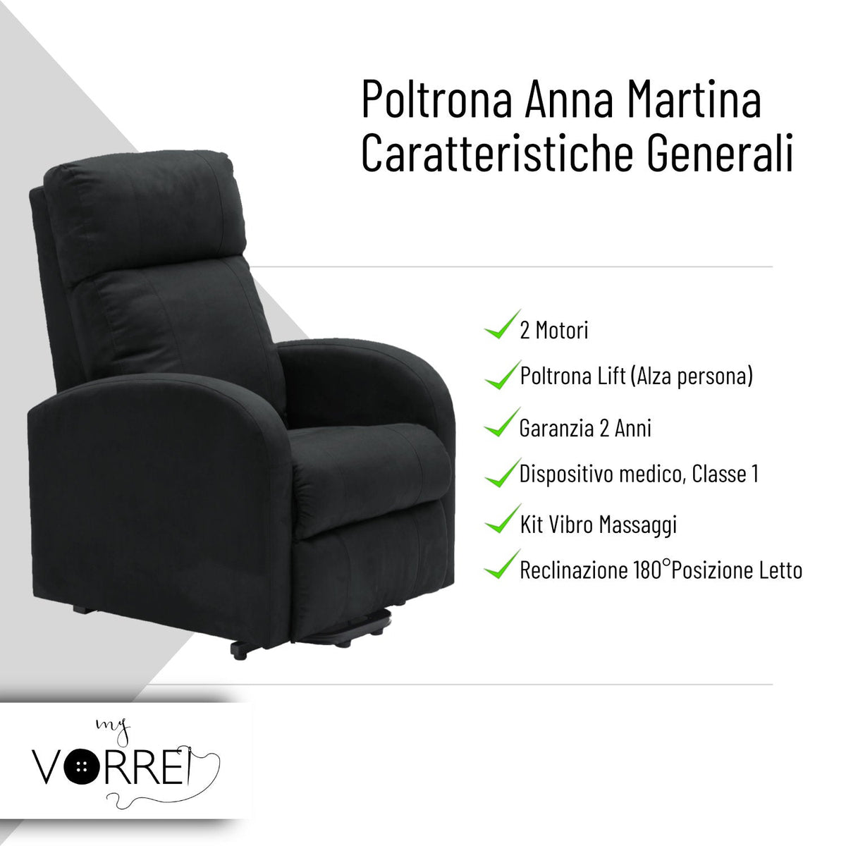 Poltrona Relax Alza Persona Motori Kit Vibro Massaggio con Riscaldamento Lombare Iva 4% per gli aventi diritto Rivestimento Microfibra Anna