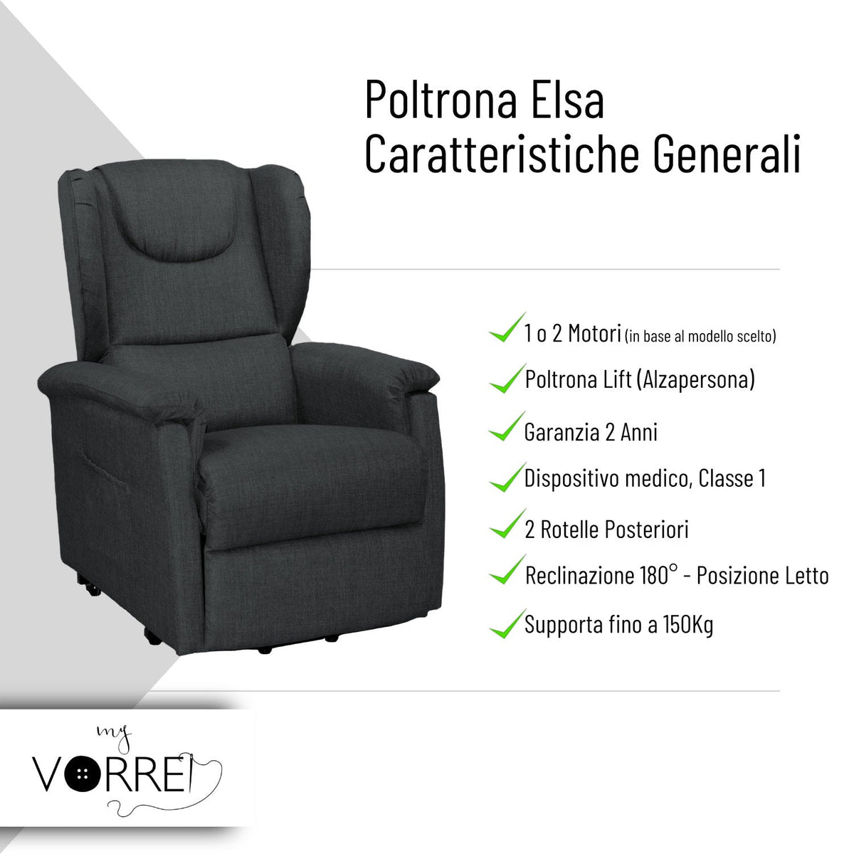 Poltrona Relax 1 o 2 Motori | Dispositivo Medico Classe 1 Iva 4% per gli aventi diritto | Seduta Sfoderabile Rivestimento in 3 Tipi | Elsa