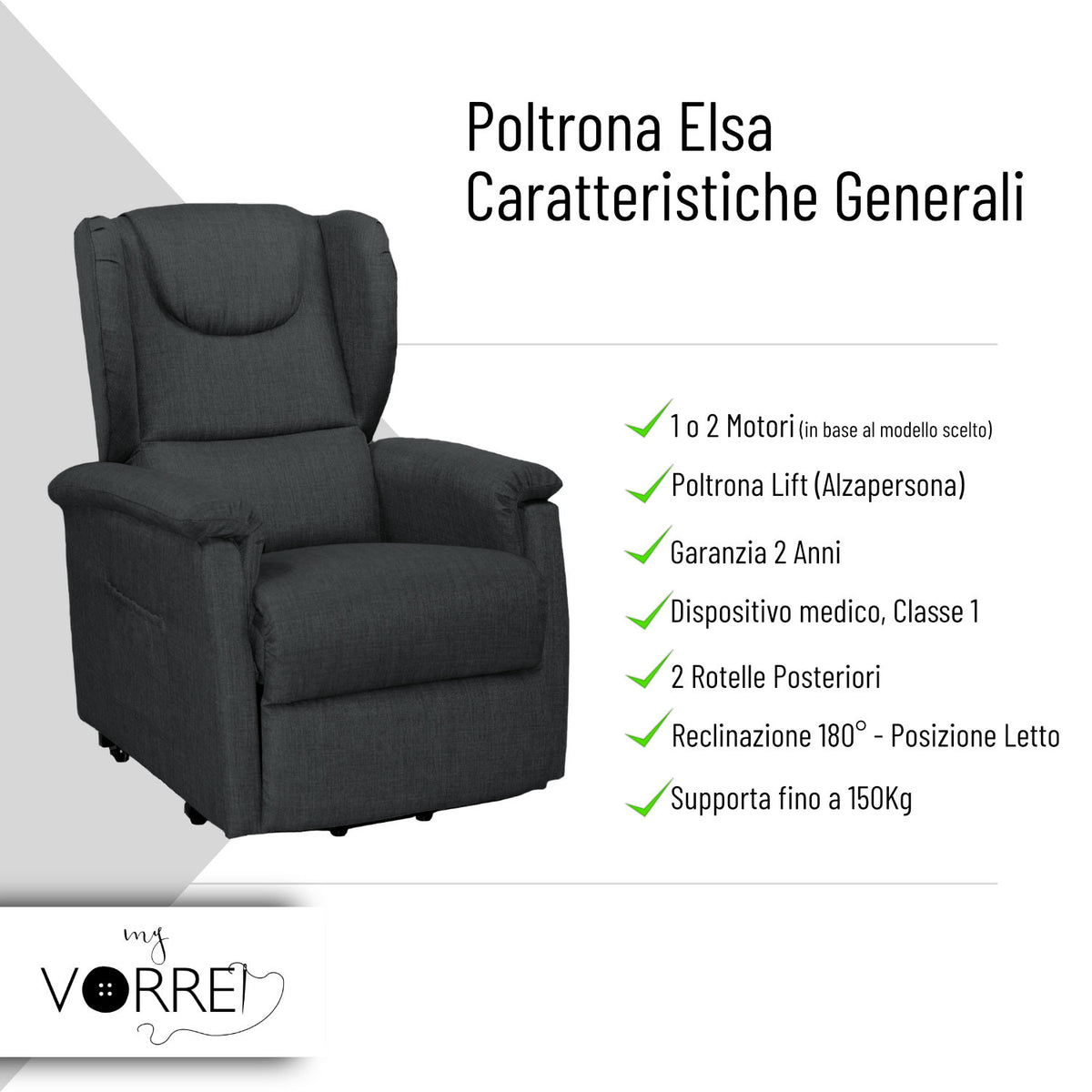 Poltrona Relax 1 o 2 Motori | Dispositivo Medico Classe 1 | Seduta Sfoderabile Rivestimento in 3 Tipi | Elsa