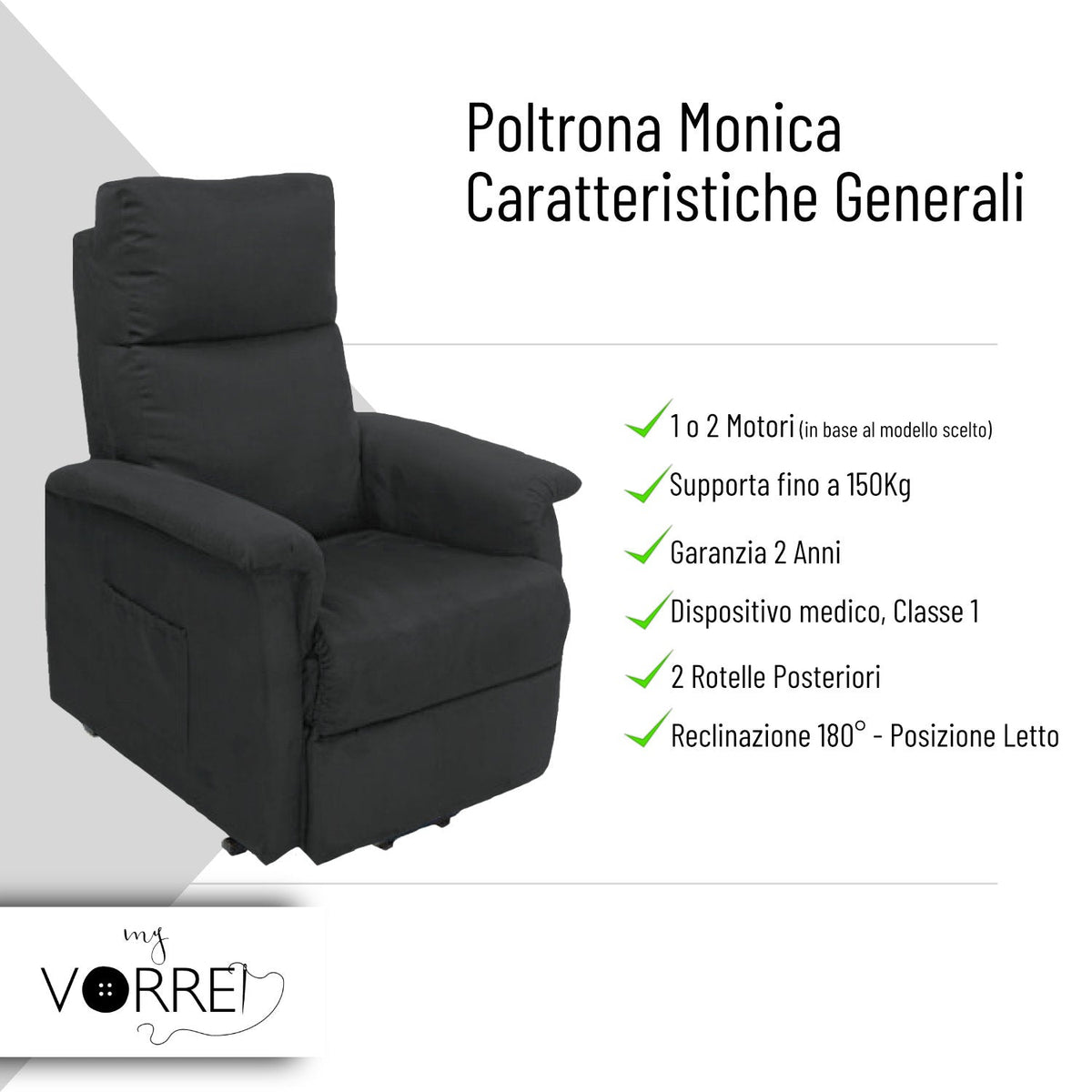 Poltrona Relax | Seduta Sfoderabile | Dispositivo Medico IVA 4% per gli Aventi diritto | a 1 o 2 Motori | Rivestimento Microfibra | Monica