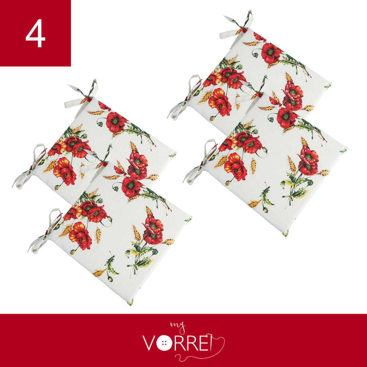 Cuscino Sedia Papavero | 40x40cm, spessore 4cm, sfoderabile con chiusura lampo