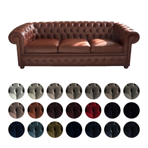 Divano 3 Posti Chesterfield in 5 tipi di Vera Pelle  | Made in Italy |cm 220x85 h 72 | Spedizione Gratuita dei campioni della Pelle in tutta Europa