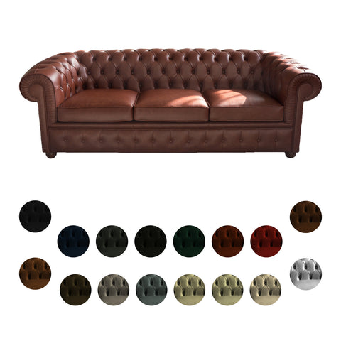 Divano 3 Posti Chesterfield in 5 tipi di Vera Pelle  | Made in Italy |cm 220x85 h 72 | Spedizione Gratuita dei campioni della Pelle in tutta Europa