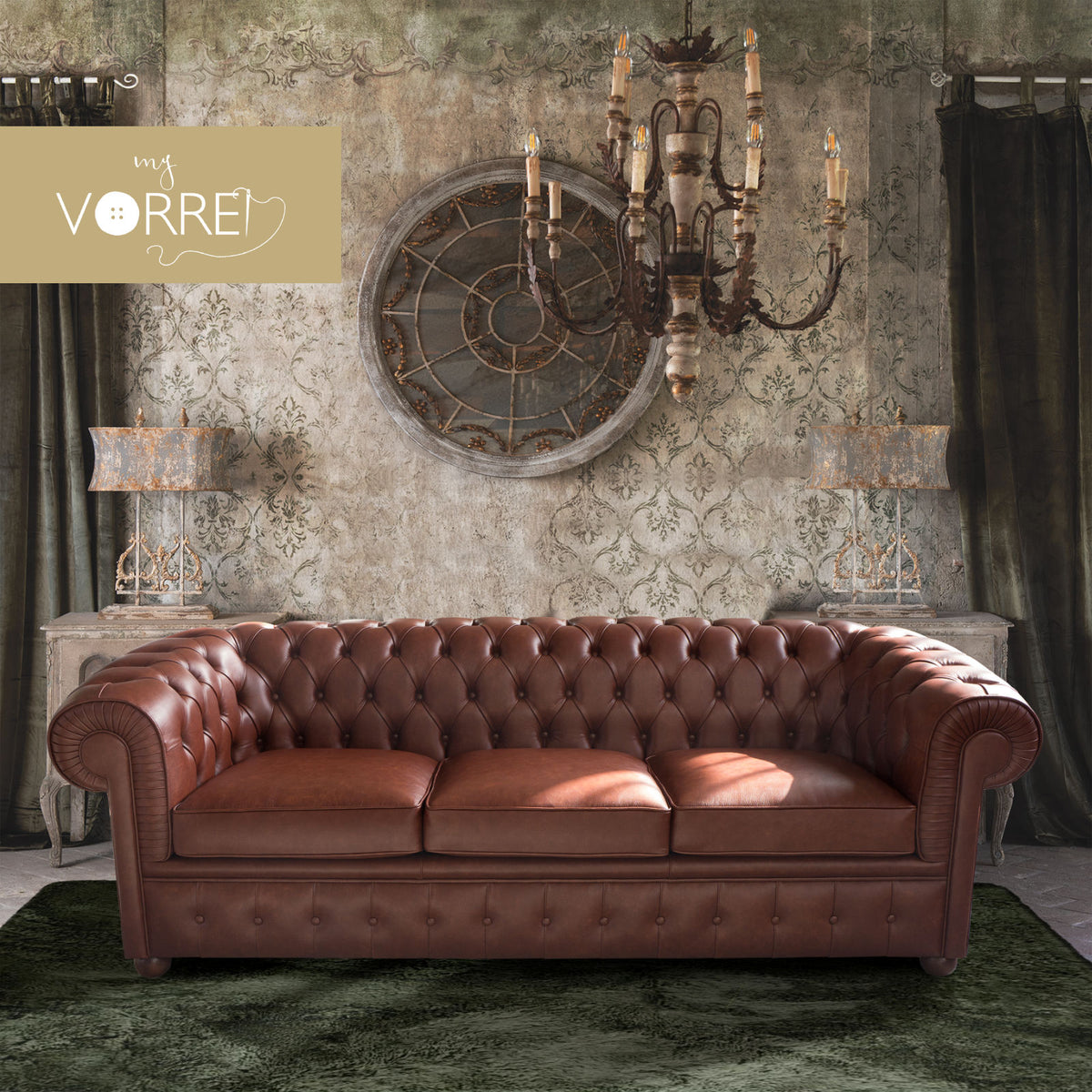 Divano 3 Posti Chesterfield in 5 tipi di Vera Pelle| Made in Italy |cm 220x85 h 72 | Spedizione Gratuita dei campioni della Pelle in tutta Europa