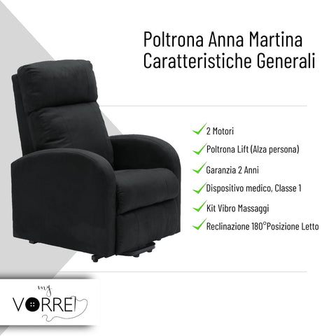 Poltrona Relax Alza Persona 2 Motori | Kit Vibro Massaggio con Riscaldamento Lombare | Iva 4% per gli aventi diritto | Rivestimento Microfibra Anna