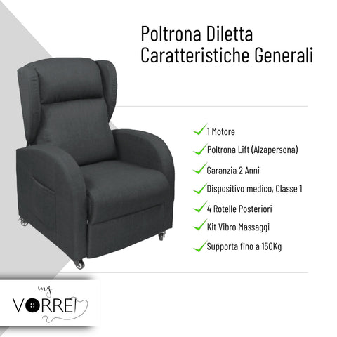 Poltrona Relax 1 Motore | Dispositivo Medico | Kit Vibro Massaggio con Riscaldamento Zona Lombare Rivestimento 2 Tipi di Tessuto | Diletta