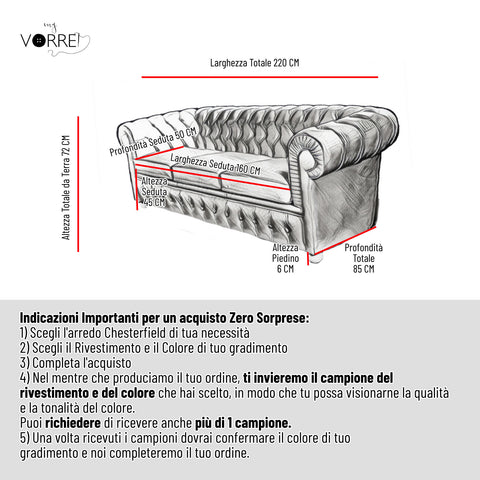 Divano 3 Posti Chesterfield in 5 tipi di Vera Pelle  | Made in Italy |cm 220x85 h 72 | Spedizione Gratuita dei campioni della Pelle in tutta Europa