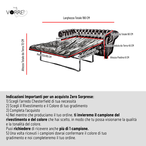 Divano Letto Chesterfield in 5 tipi di Vera Pelle  | Made in Italy | Divano 2 Posti Maxi cm 190x90 h 72 | Letto 1 Piazza e Mezzo | Spedizione Gratuita dei campioni della Pelle in tutta Europa