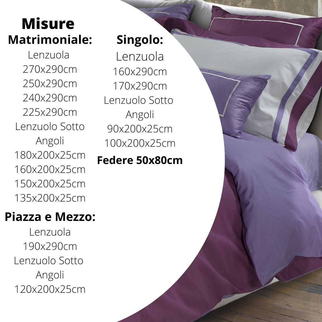Completo Lenzuola Singolo Cotone 100% Lenzuola Sopra + Lenzuolo Sotto Angoli in 2 Misure Diverse + 1 Federa cm 50x80 Pamela