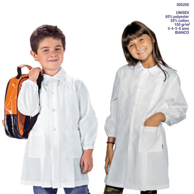 Grembiule Asilo bambino Unisex Bianco in 4 Taglie | 65% Poliestere 35% Cotone Personalizzabile Con nome Ricamato
