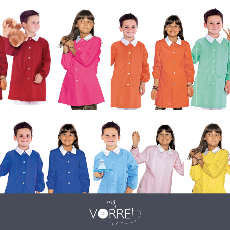 Grembiule Asilo bambino Unisex Tinta Unita in 8 Colori e 4 Taglie | 65% Poliestere 35% Cotone Personalizzabile Con nome Ricamato
