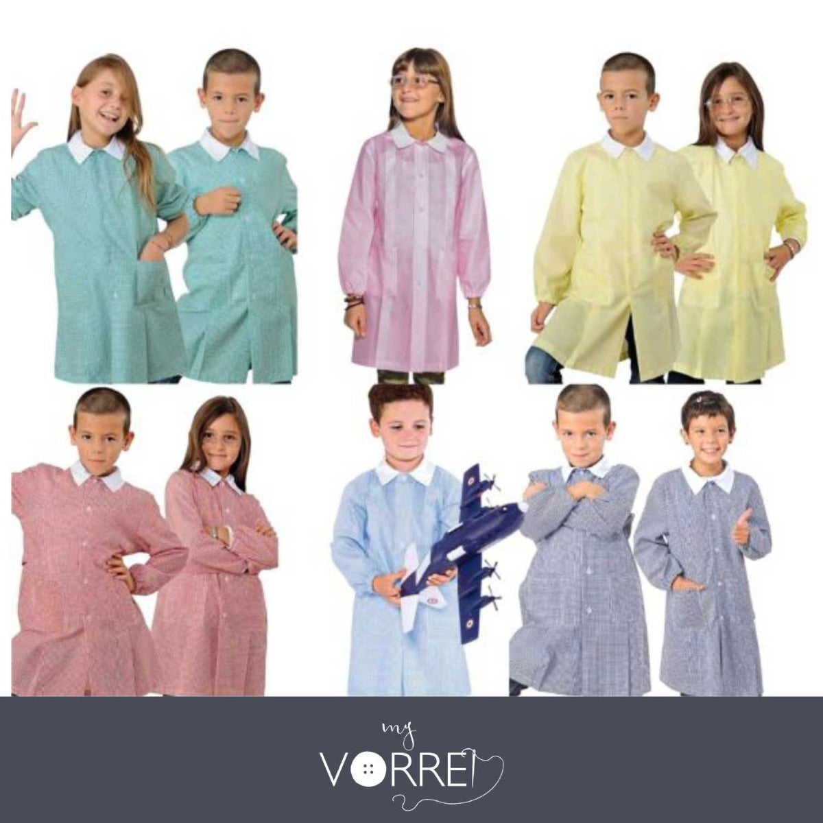 Grembiule Asilo Bambino Unisex Quadretto in 6 Colori e 4 Taglie | 65% Poliestere, 35% Cotone Personalizzabile con Nome Ricamato