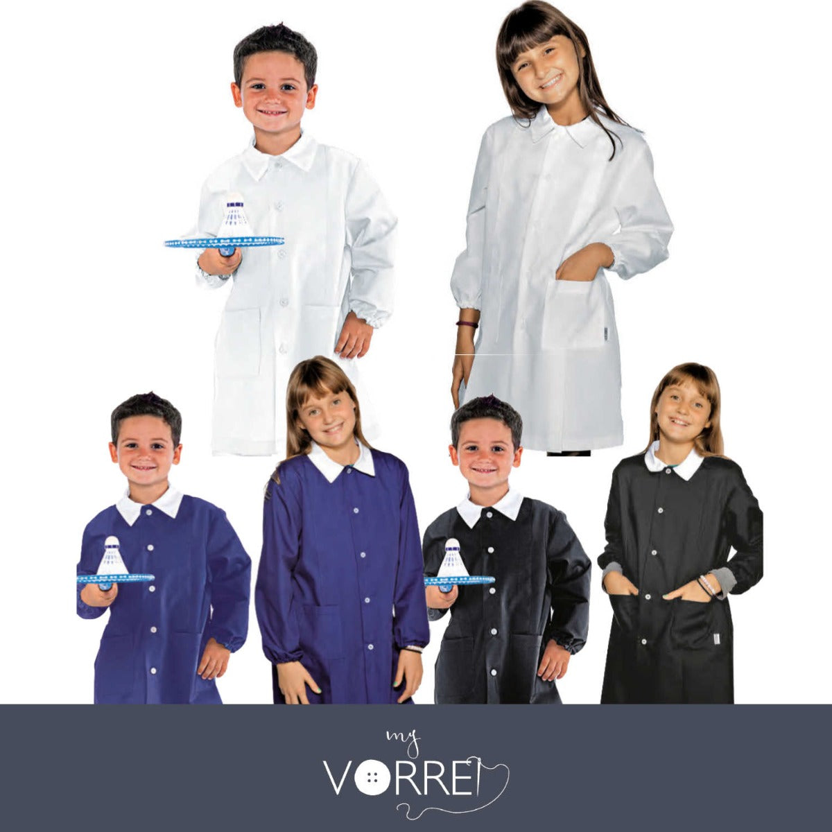 Grembiule Asilo bambino Unisex in 3 Colori e 6 Taglie | 65% Poliestere 35% Cotone Personalizzabile Con nome Ricamato