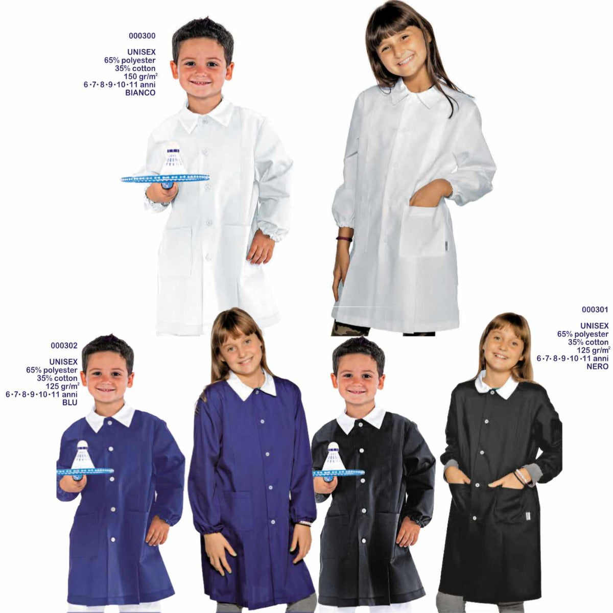 Grembiule Asilo bambino Unisex in 3 Colori e 6 Taglie | 65% Poliestere 35% Cotone Personalizzabile Con nome Ricamato